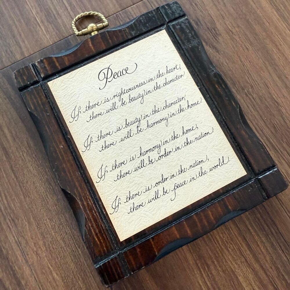 Vintage 80s Wooden plaque with peace quote | Cottage Core 90s Home Decor